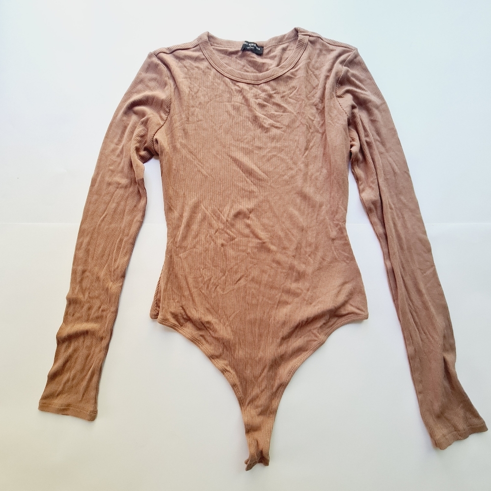 Naked wardrobe Long Sleeve Ribbed Bodysuit in Coco Size XL